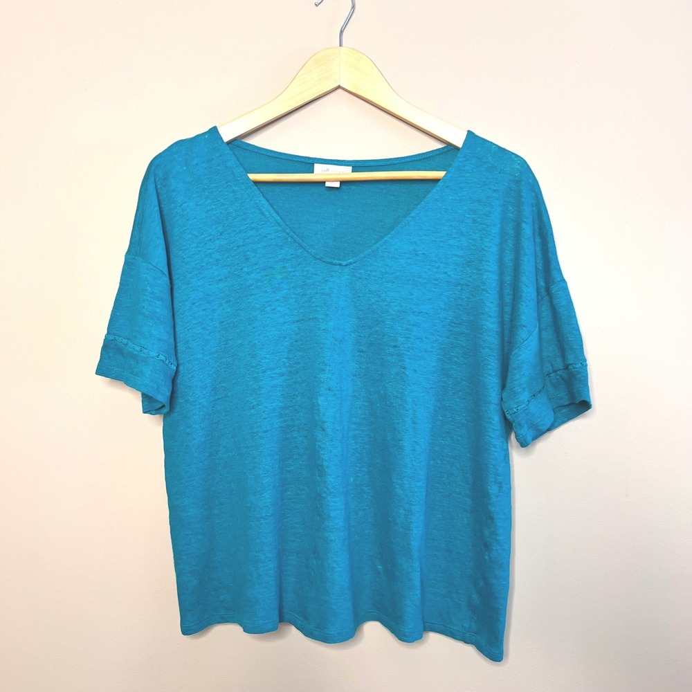 J Jill Love Linen 100% Teal V Neck Short Sleeve Tunic Top Spring Summer Petite L